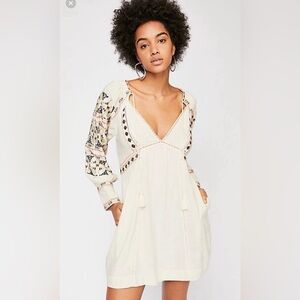 Free People All My Life Ivory Linen Boho Embroidered Mini Dress  S